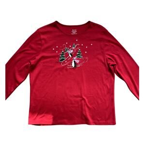 Studio Works Embroidered Beaded Red Cotton Penguin Holiday Top Large Winter Cozy